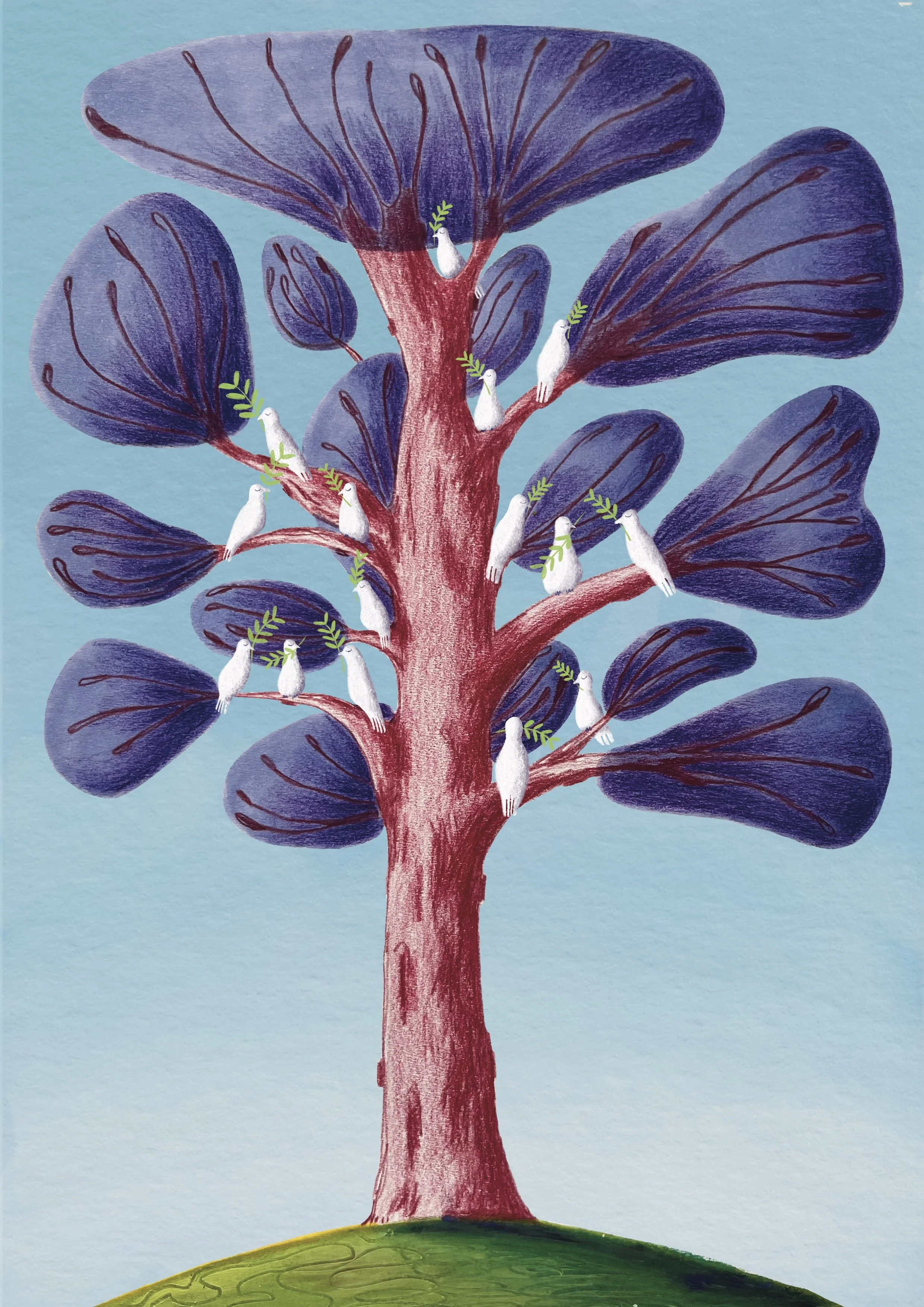 A red and purple tree with many peace doves sitting on the branches