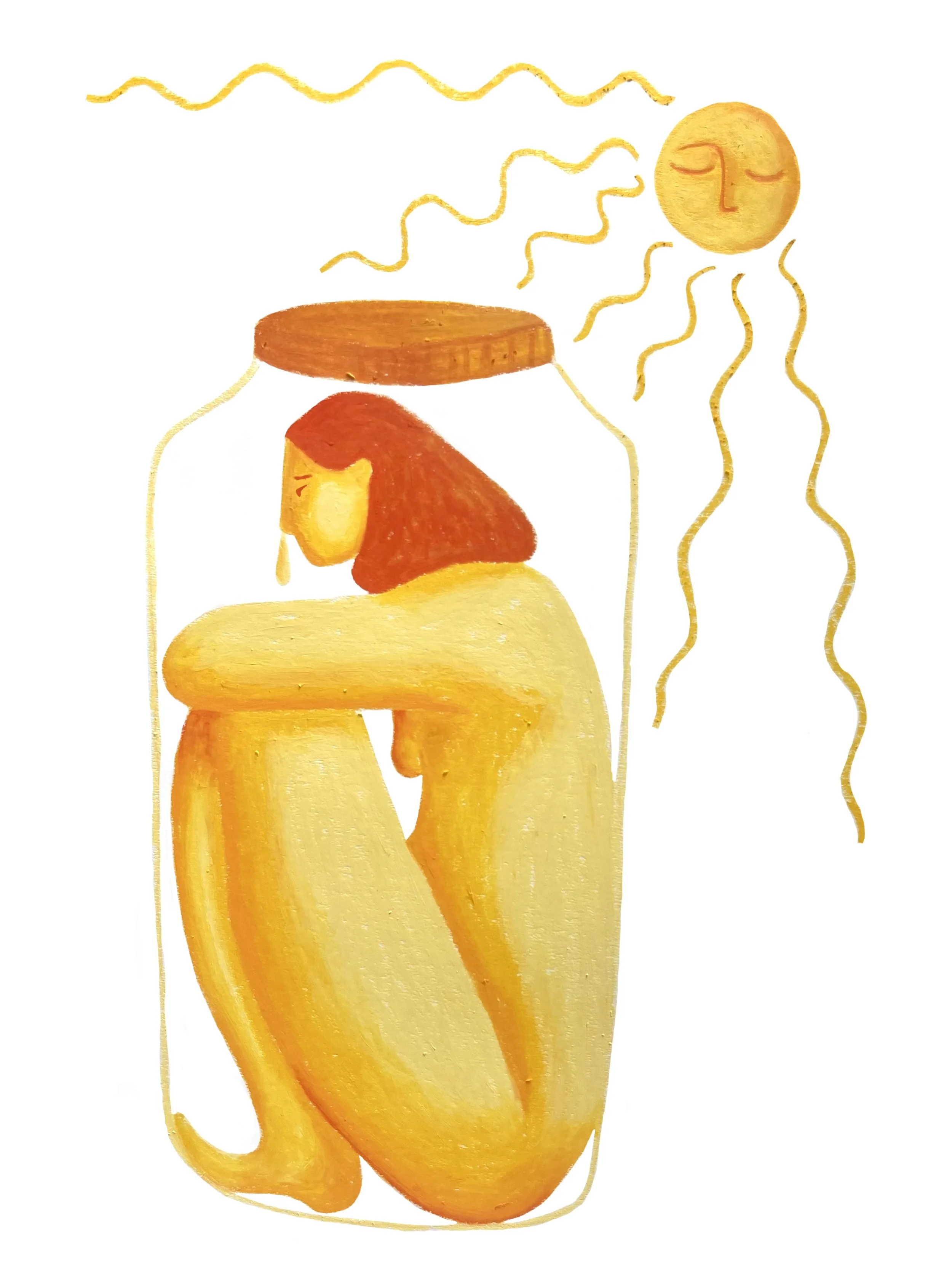 Gele vrouw in pot met zon