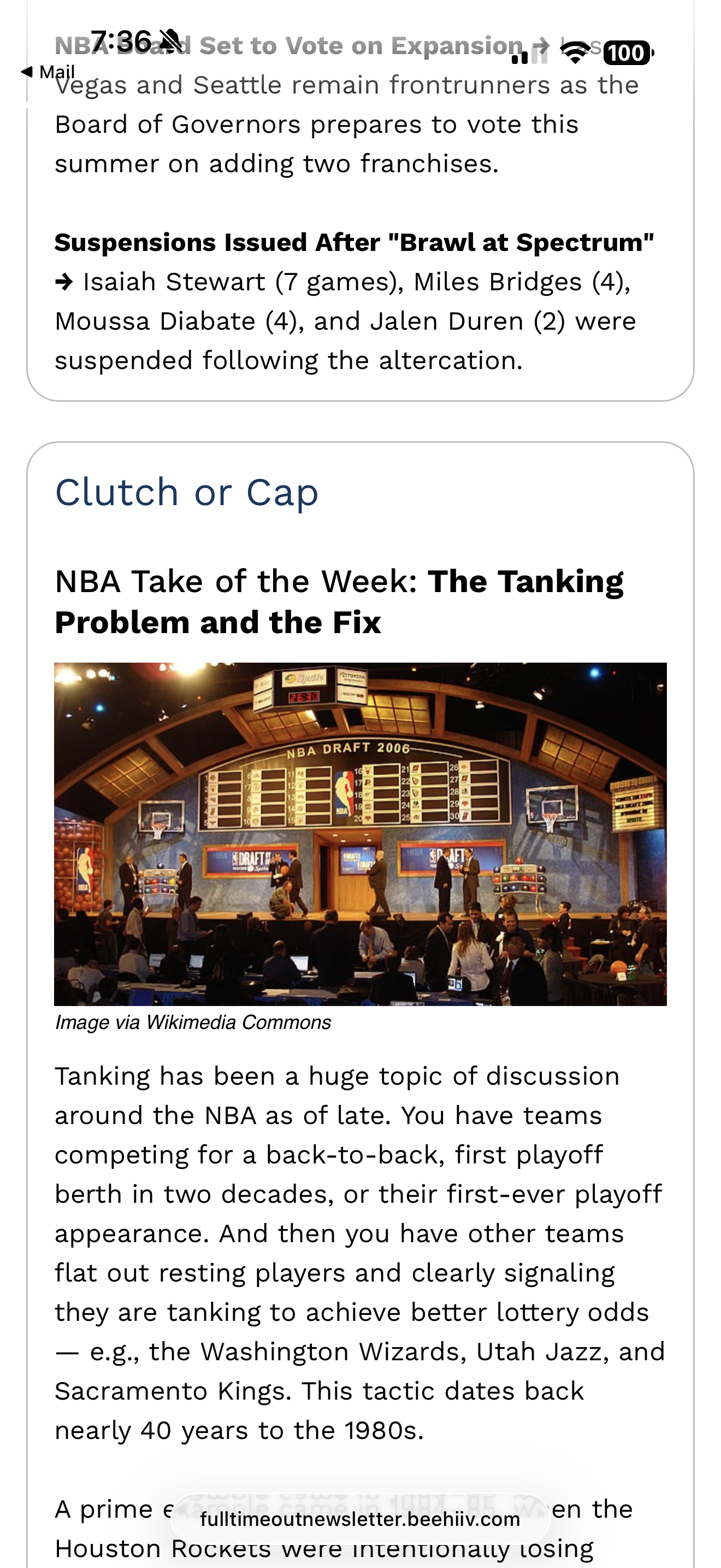 A mobile phone screen displaying a news article about Zion, a basketball player, with a photo of him in a New Orleans jersey.