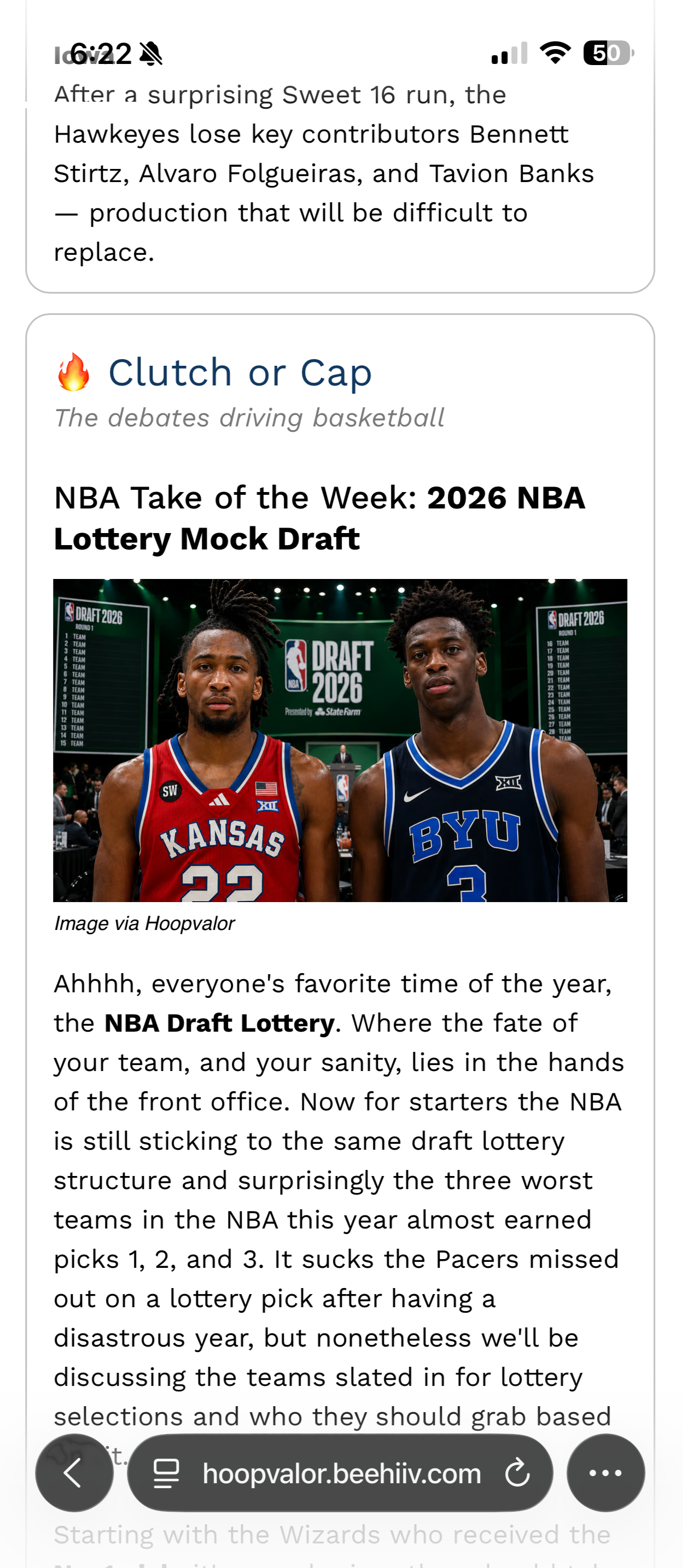 A mobile phone screen displaying a news article about Zion, a basketball player, with a photo of him in a New Orleans jersey.