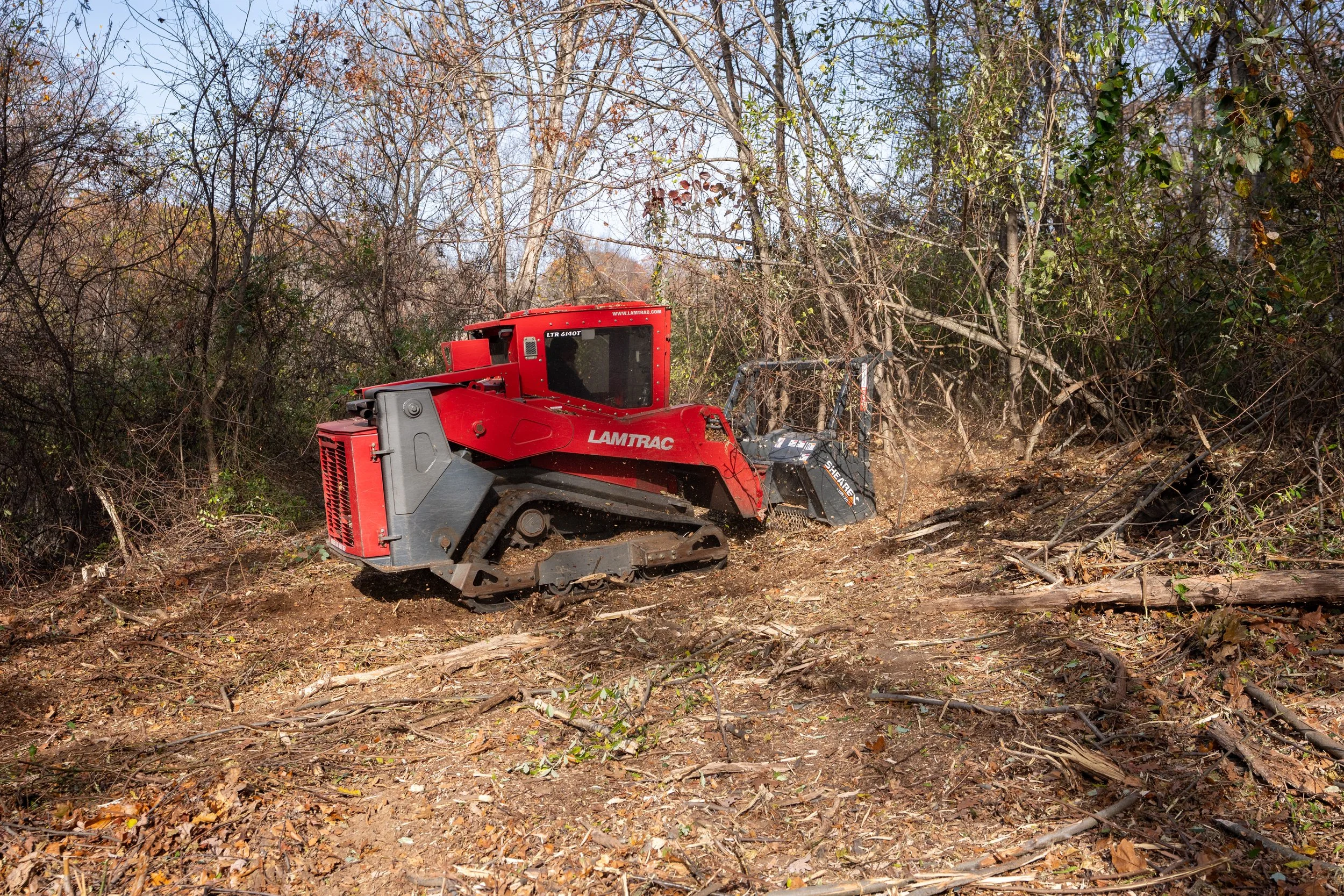 A red and gray compact tracked excavator working in a wooded area with leafless trees and branches, clearing debris and soil.