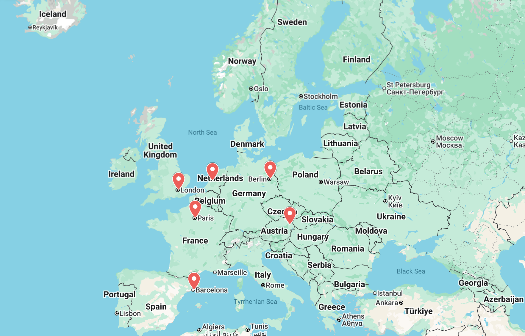 A map of Europe with Pins showing cities where omcanvas is active.