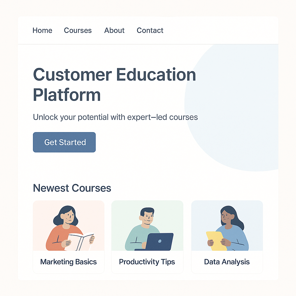 Homepage of a customer education platform with navigation links for Home, Courses, About, and Contact. Main heading: Customer Education Platform. Subtext: Unlock your potential with expert-led courses. Button: Get Started. Section titled Newest Courses displaying three courses: Marketing Basics, Productivity Tips, and Data Analysis, each with an illustration of people engaging with learning materials.