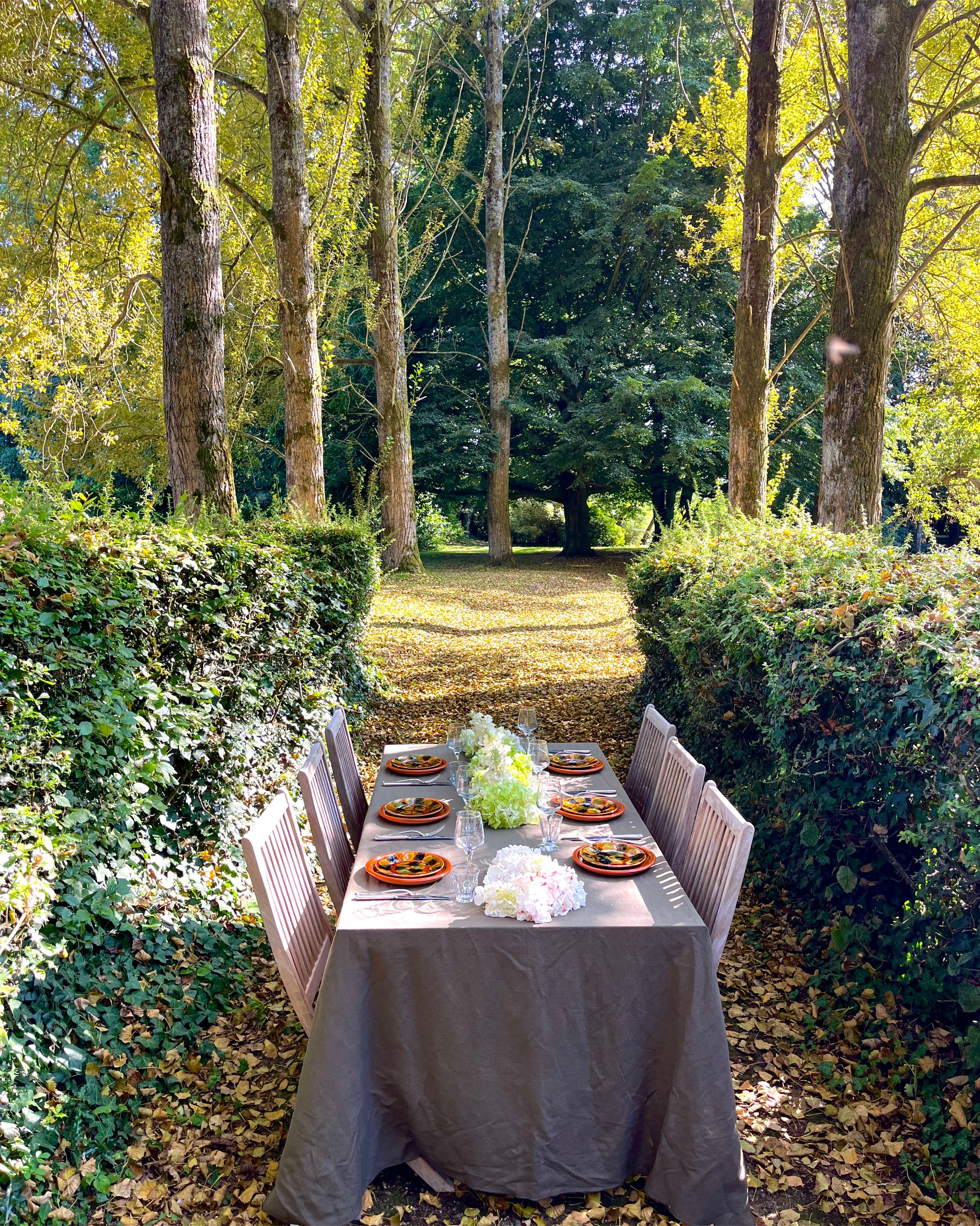 Table de dîner en plein air dans un jardin entouré d'arbres et de buissons avec des assiettes, des verres et des fleurs.