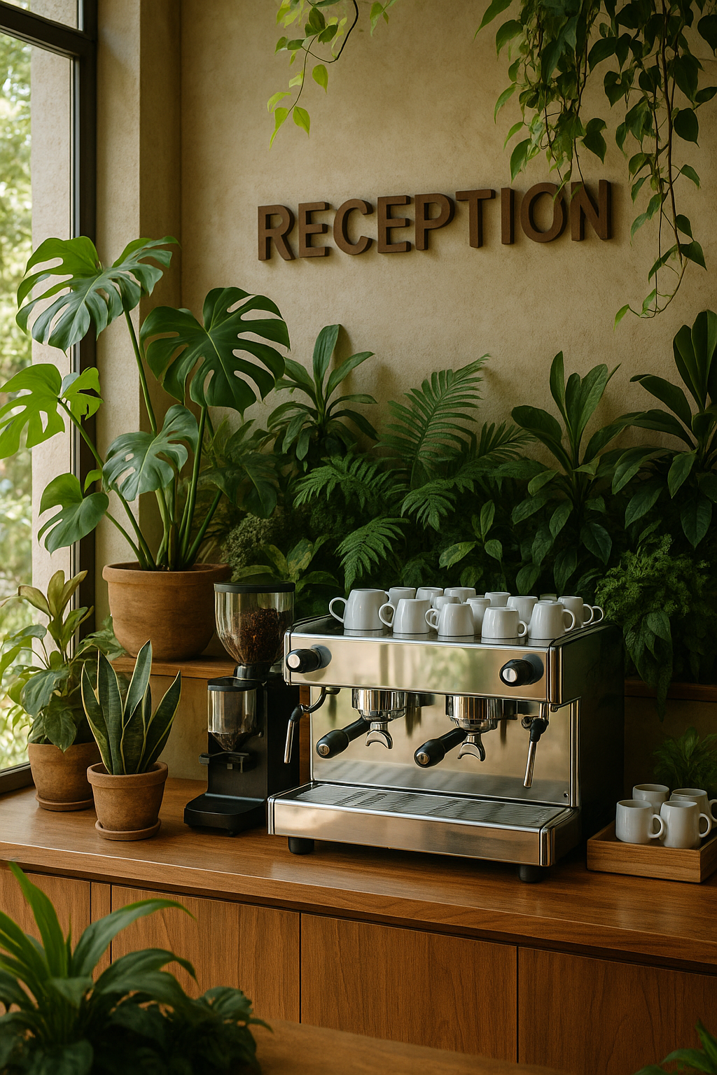 Kaffestation i biofili miljö 