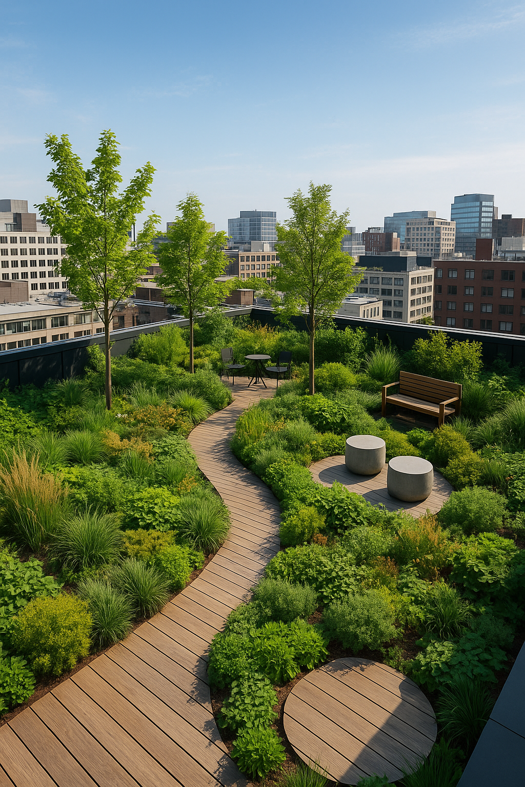 Rooftop garden with wooden pathway, green plants, small trees, sitting area with black chairs and tables, and cityscape background.