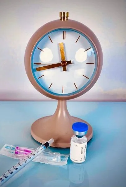 Uhr, Impfstofffläschchen und Spritze auf einem Tisch