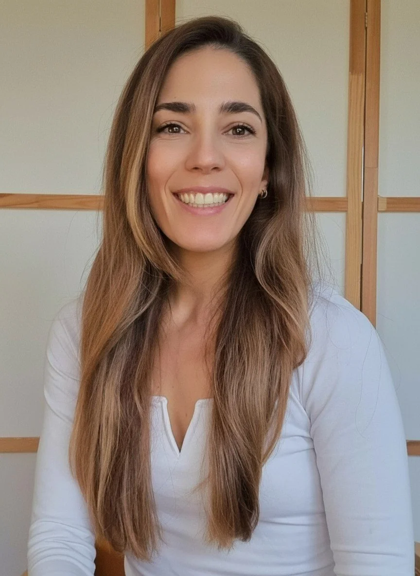 Eine lächelnde Ärztin für ästhetische Medizin mit langen braunen Haaren, weißem Hemd, sitzend vor einem Holzrahmen, freundlicher Blick.