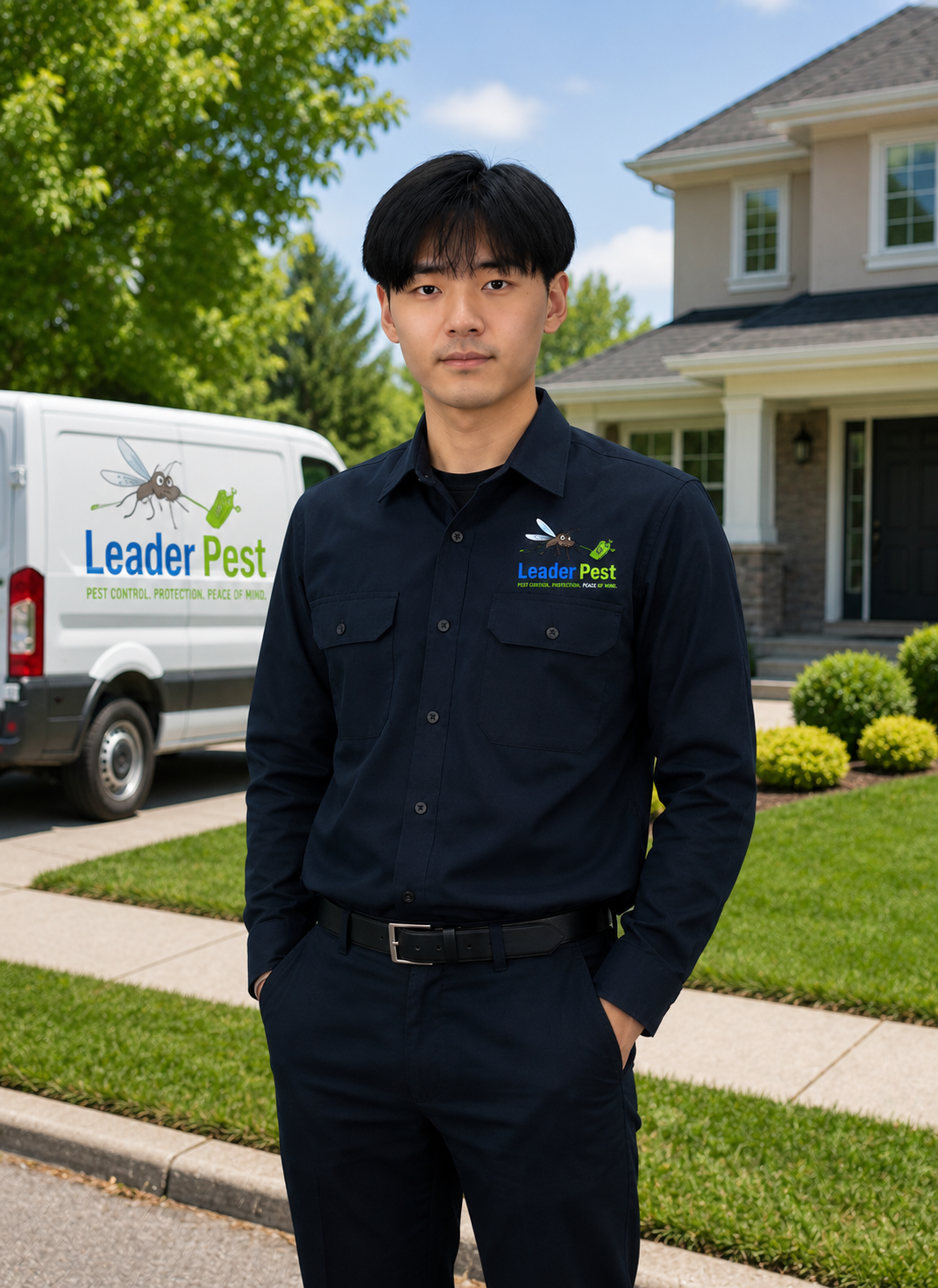 Leaderest field technician in front of a service vehicle at a Western New York home