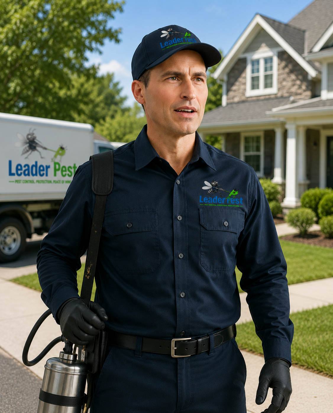 Leaderest field technician carrying spray equipment at a Western New York residential property