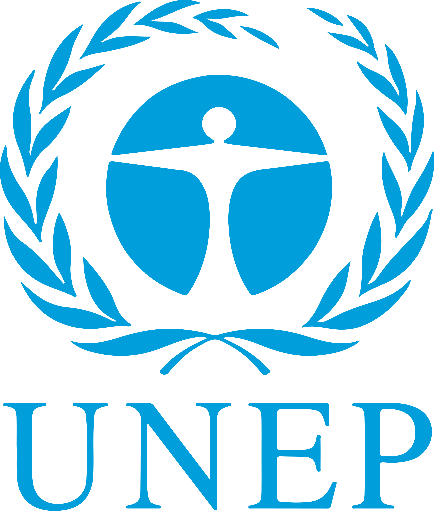 United Nations Environment Programme (UNEP) logo, featuring a blue globe with a human figure at the center, surrounded by a laurel wreath, and the acronym 'UNEP' underneath.