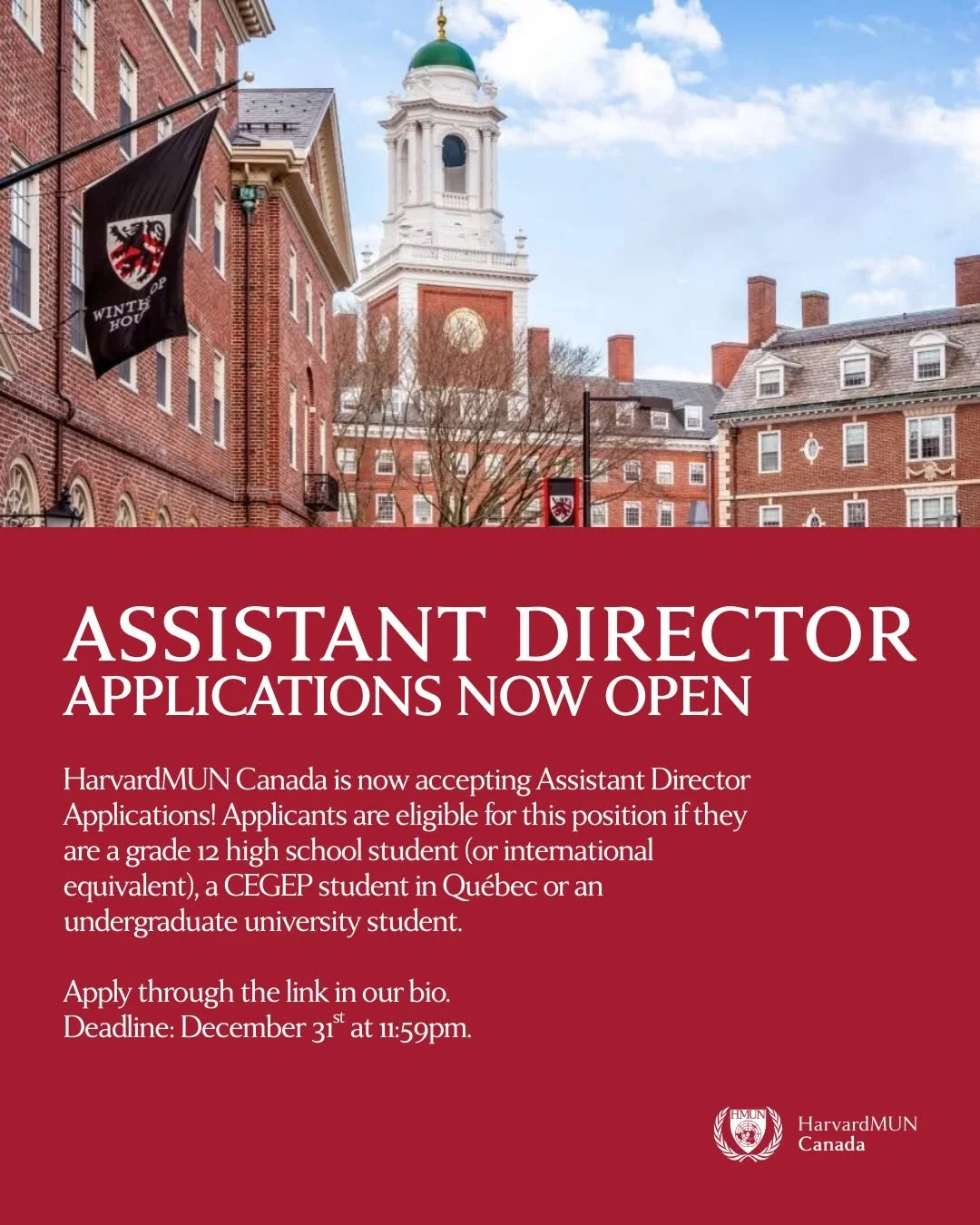 HarvardMUN Canada 2026 Assistant Director Applications are now open!

We are now accepting Assistant Director applications for all committees. This opportunity is open exclusively to Grade 12 high school students (or international equivalent), Qu&eac