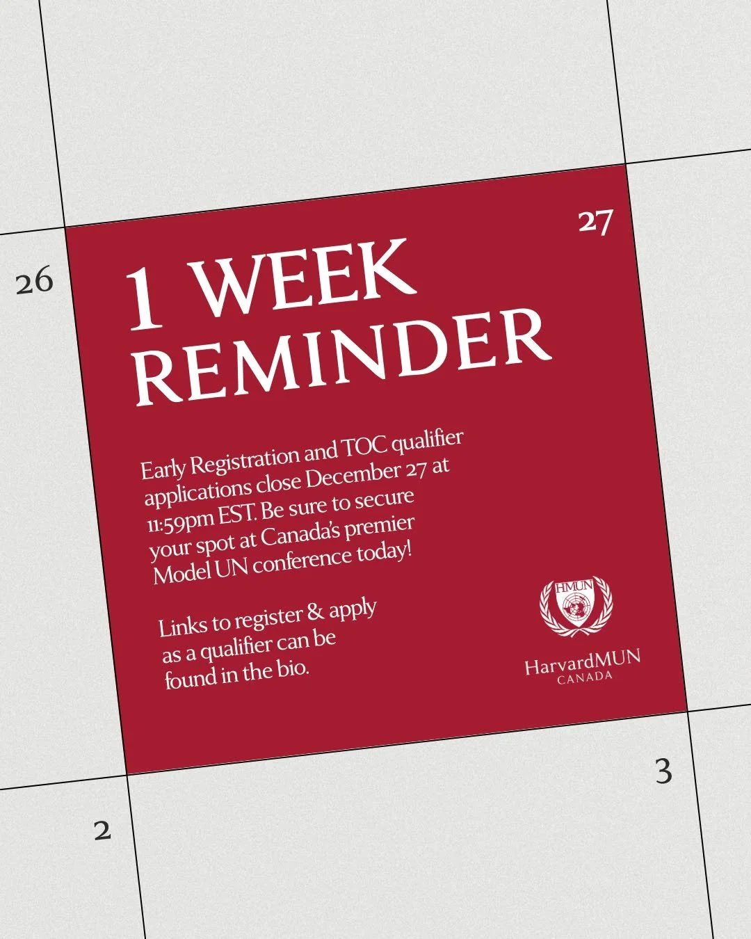 Early Registration and Tournament of Champions Qualifier applications are now in their final days and will close on December 27 at 11:59 PM EST. This is your opportunity to take part in Canada&rsquo;s premier Model UN conference, engage in high-level