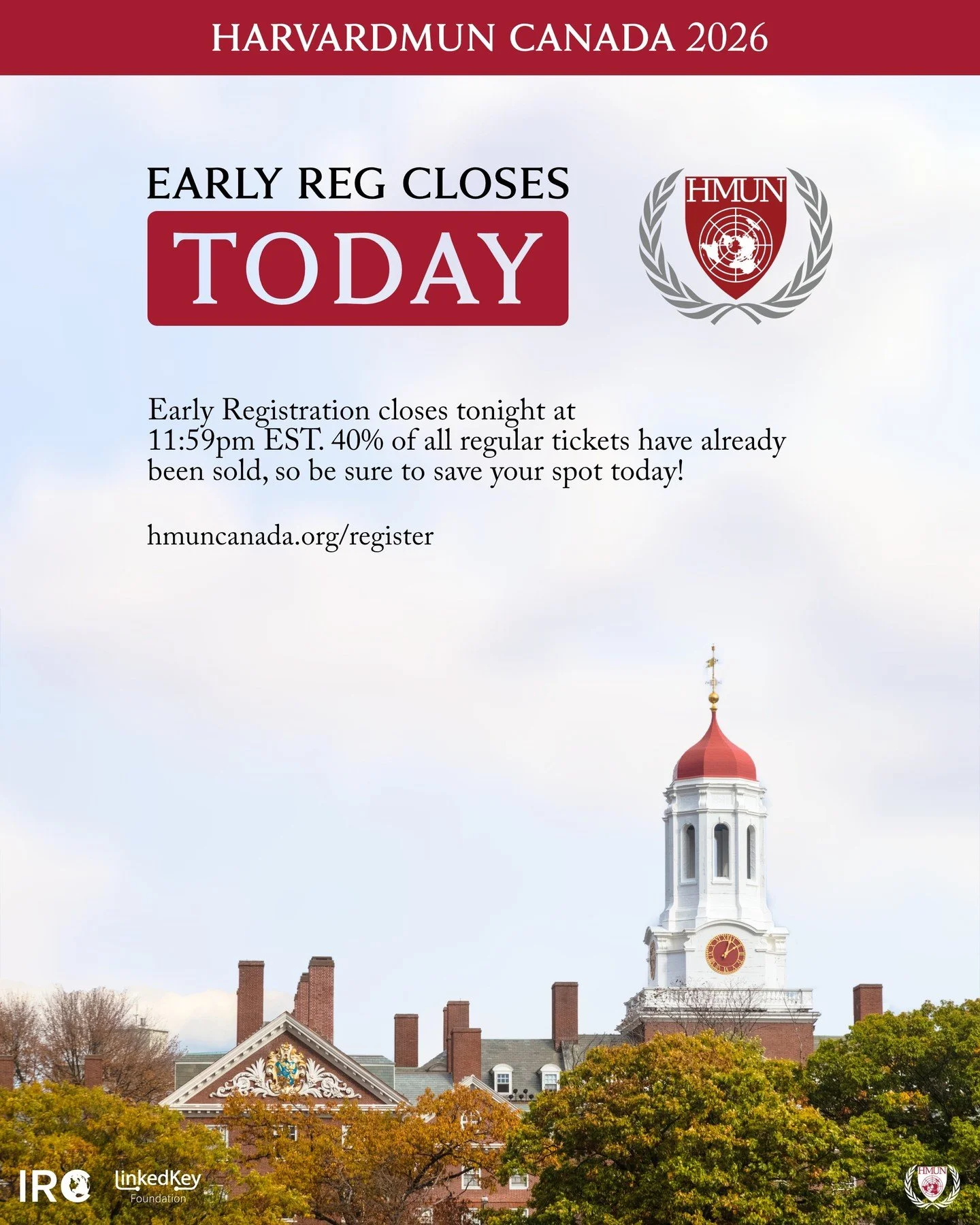 Early Registration closes tonight at 11:59pm EST. 40% of all regular tickets have already been sold, so be sure to secure your spot at Canada's premier Model UN conference today!

hmuncanada.org/register