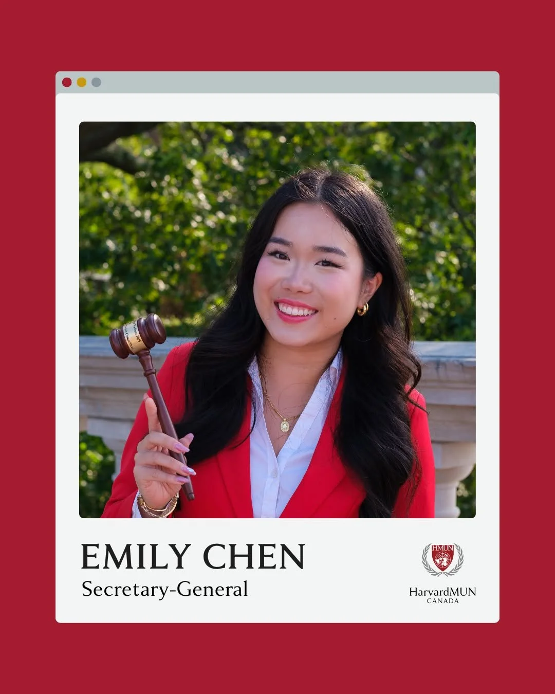 Meet Emily Chen, the Secretary-General!

Emily is a sophomore studying Neuroscience and Economics at Harvard, and she is originally from Oakville, Ontario, Canada. She first started doing MUN in grade 9, joining her high school&rsquo;s club, and went