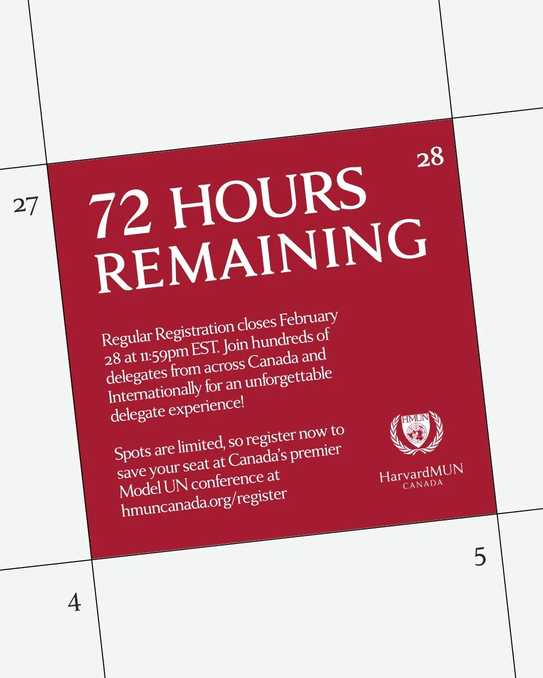 Regular registration closes on February 29th at 11:59pm EST. Join hundreds of delegates from across Canada and the globe for an unforgettable delegate experience!

Spots are limited, so register now to save your seat at Canada's premier Model UN conf