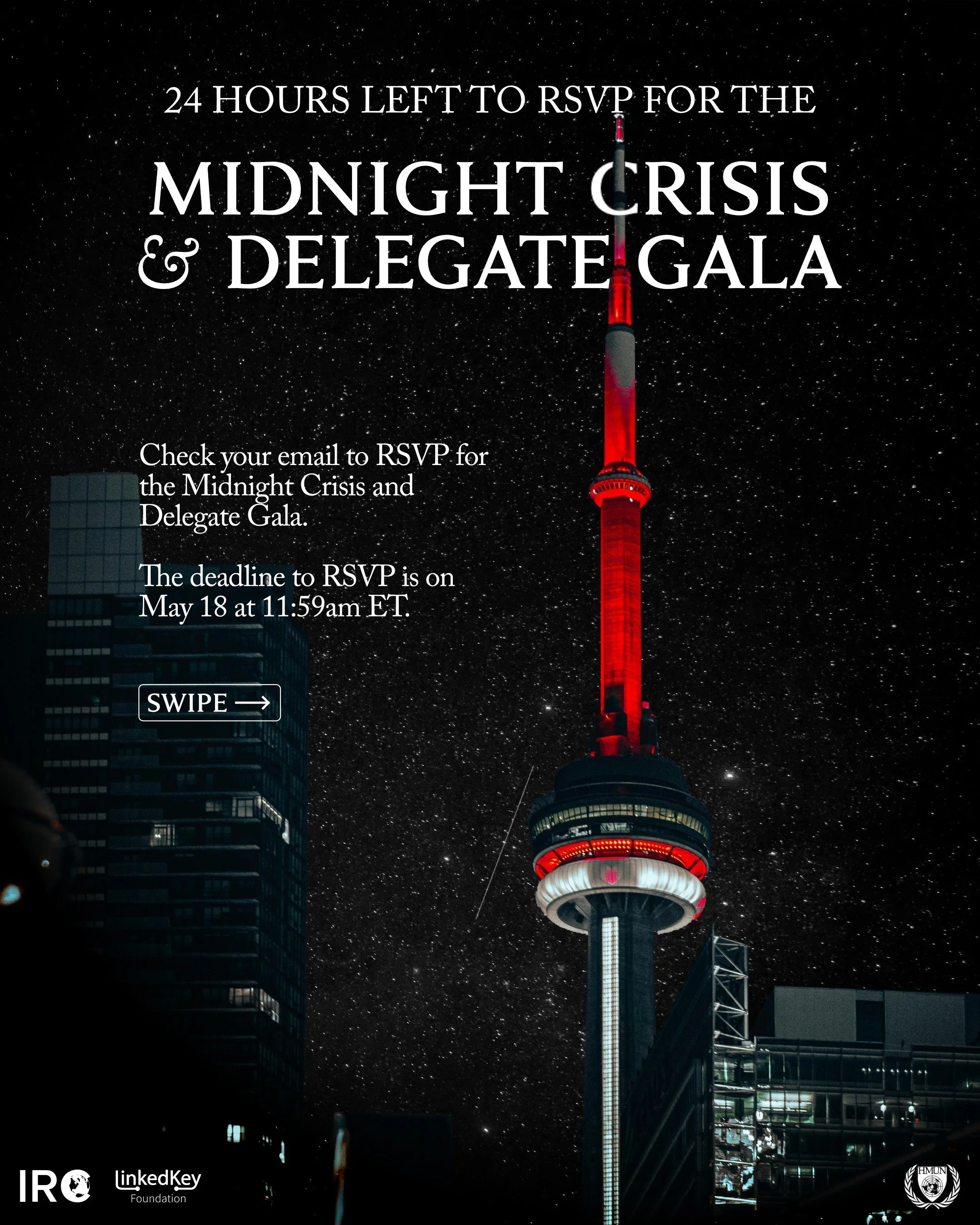 24 hours remain to RSVP for HarvardMUN Canada's Midnight Crisis and Delegate Gala!

Check your email for the RSVP link. Spots are limited, so be sure to RSVP before the deadline.

Contact us at info@hmuncanada.org should you have any questions.