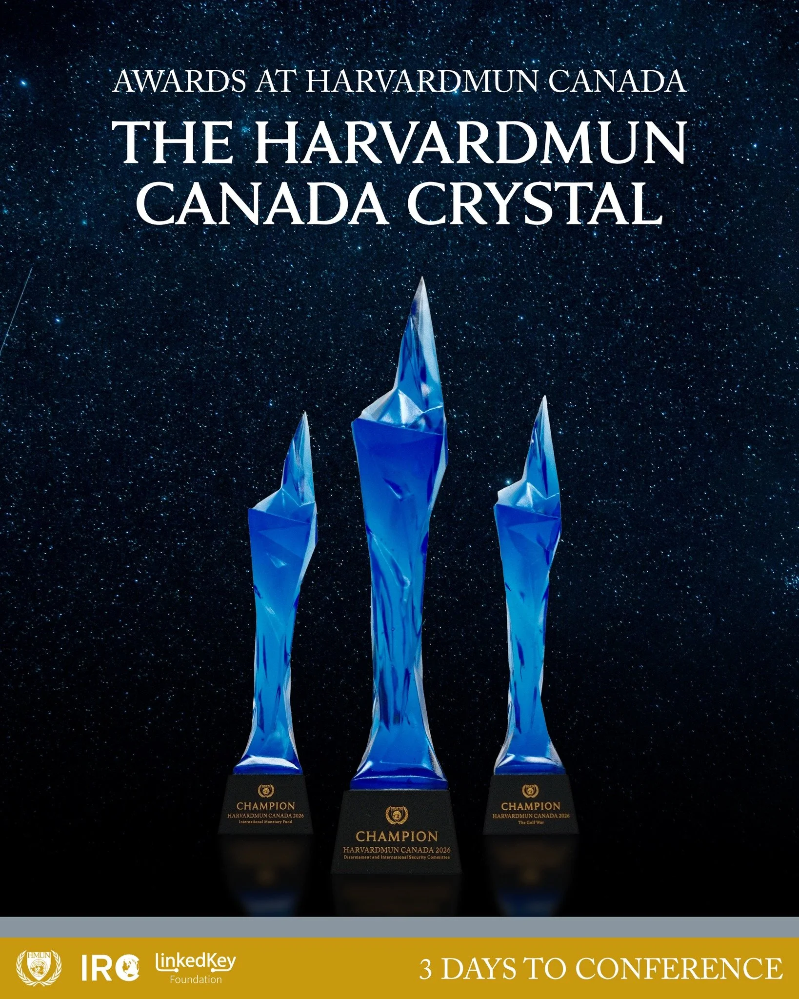 HarvardMUN Canada 2026 is excited to reveal the HarvardMUN Canada Crystal&mdash;the Tournaments of Champions grand prize&mdash;alongside the awards and trophies up for contention.

From the HarvardMUN Canada Crystal to the Worldbuilder Award, Harvard