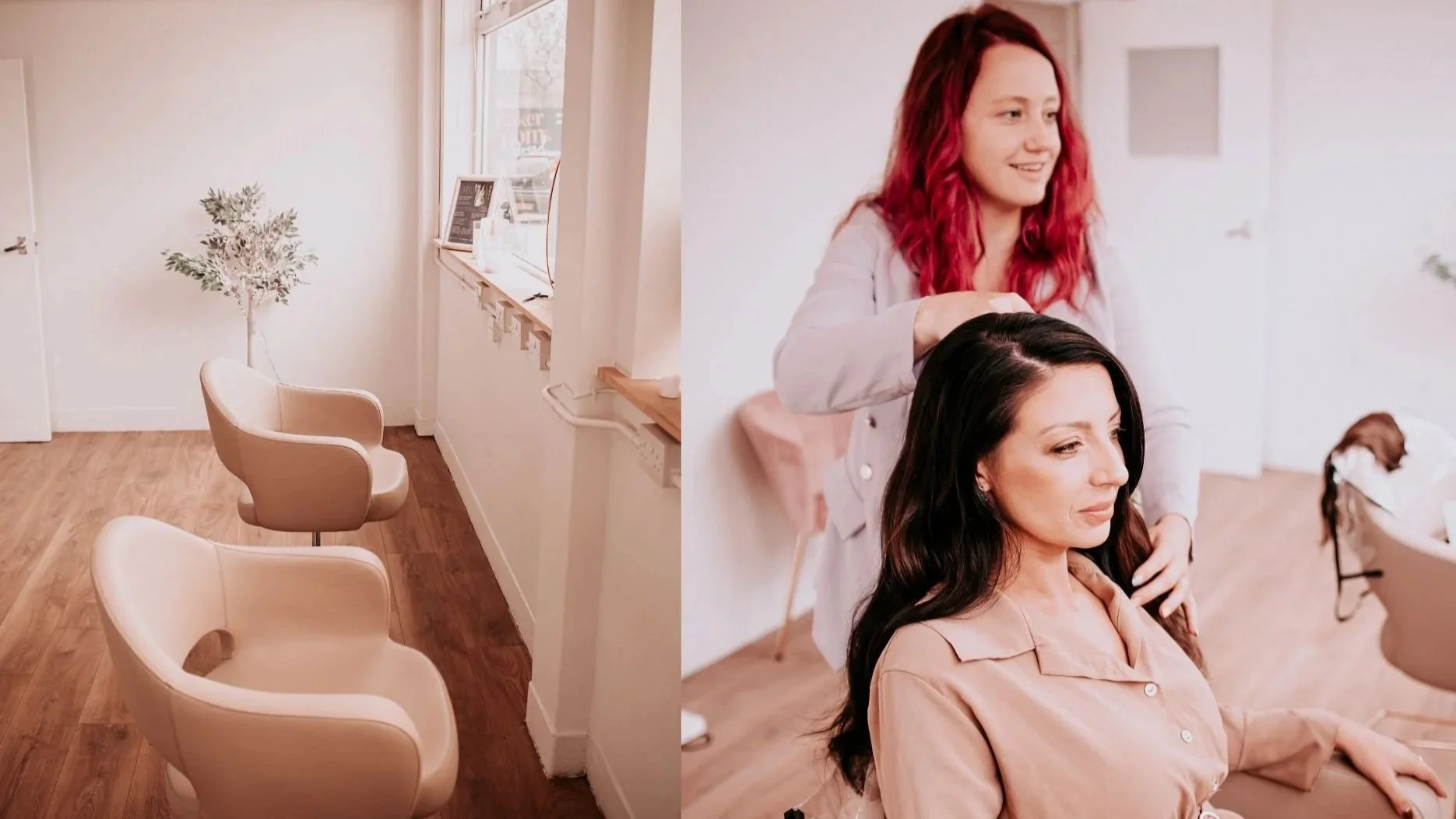 A split image showing on the left a modern, minimalist salon waiting area with cream-colored chairs, wooden flooring, a potted plant, and windows with natural light. On the right, two women, one with dark hair and the other with red hair, are sitting in the salon, with the red-haired woman styling the dark-haired woman's hair, and a blurred dog sitting on a chair in the background.