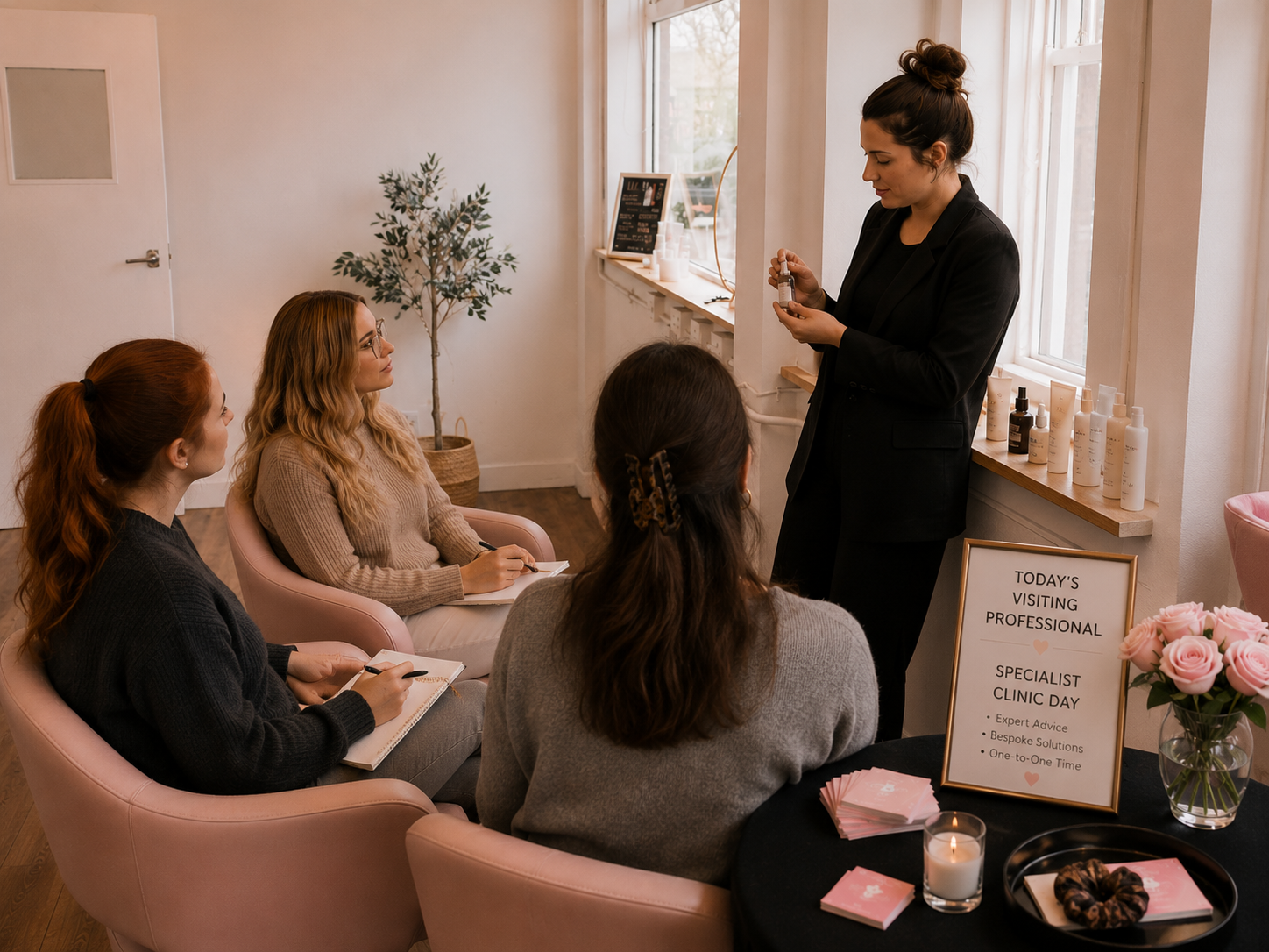 A woman giving a skincare presentation to three women seated in a salon or clinic setting. A sign on the table mentions a specialist clinic day with expert advice and one-on-one solutions.