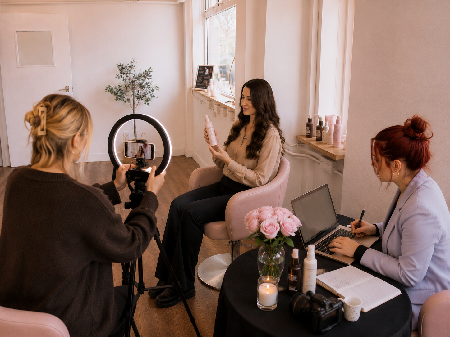 Women recording a beauty product review in a cozy, well-lit room with natural light, a presenter with long brown hair holding a bottle, a woman with red hair at a laptop, and another woman with blonde hair filming with a phone on a ring light.