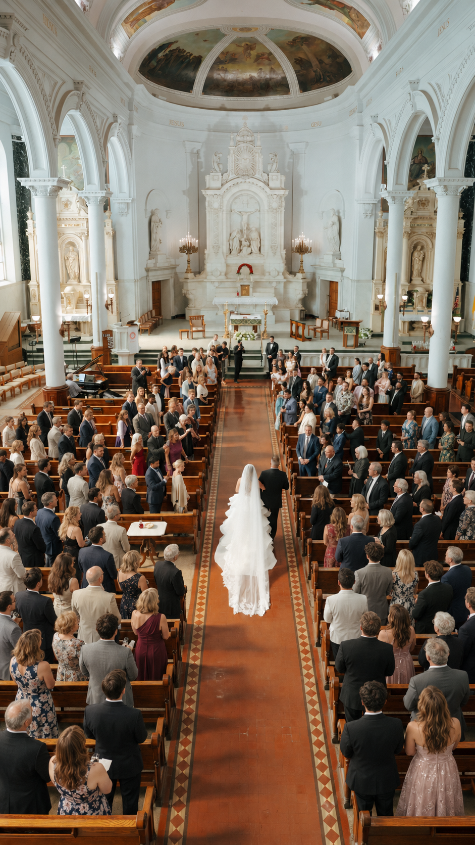 A view down a crowded church aisle beneath an ornate vaulted ceiling.