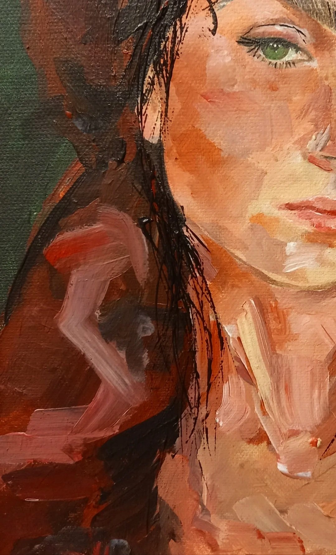 Close-up of a painting of a woman with green eyes, black hair, and a serious expression, using expressive brushstrokes and a warm color palette.
