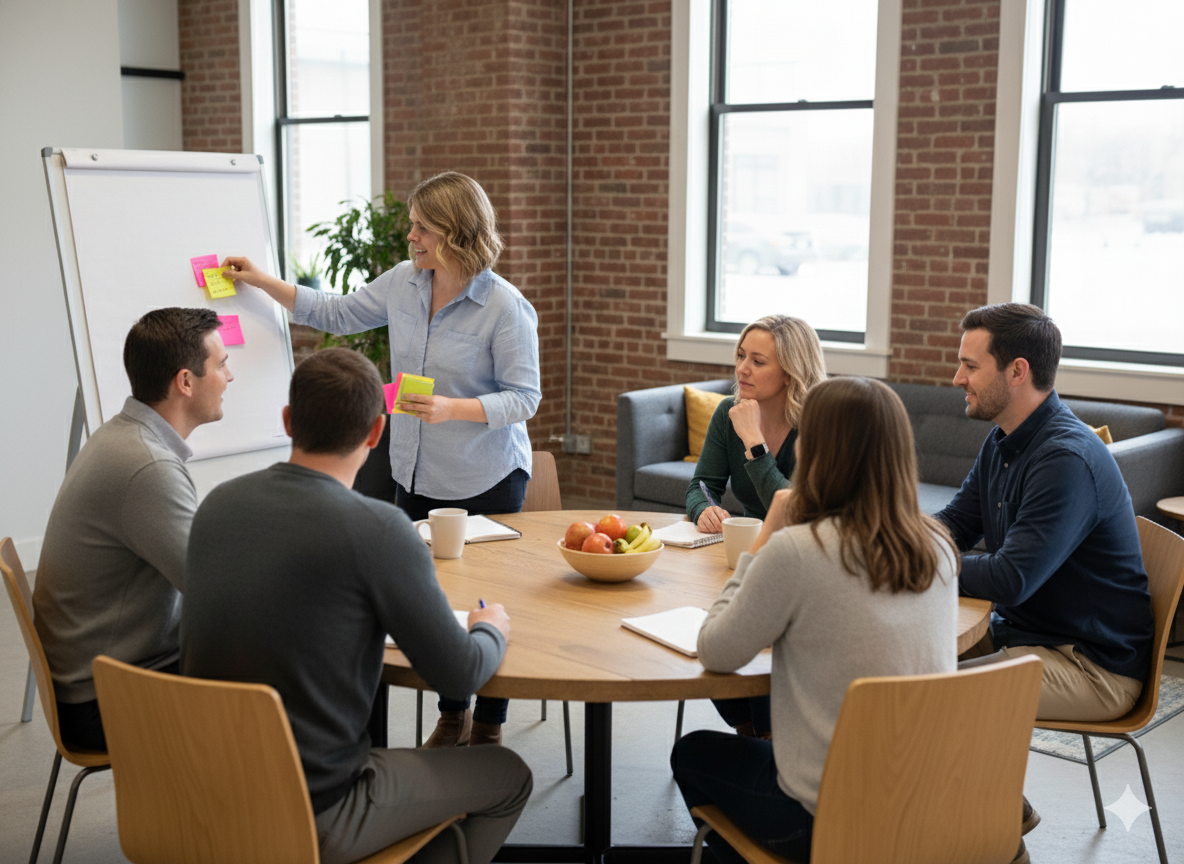 A fractional COO facilitates a leadership team through their weekly Level 10 meeting in a bright office with large windows and a whiteboard behind her.