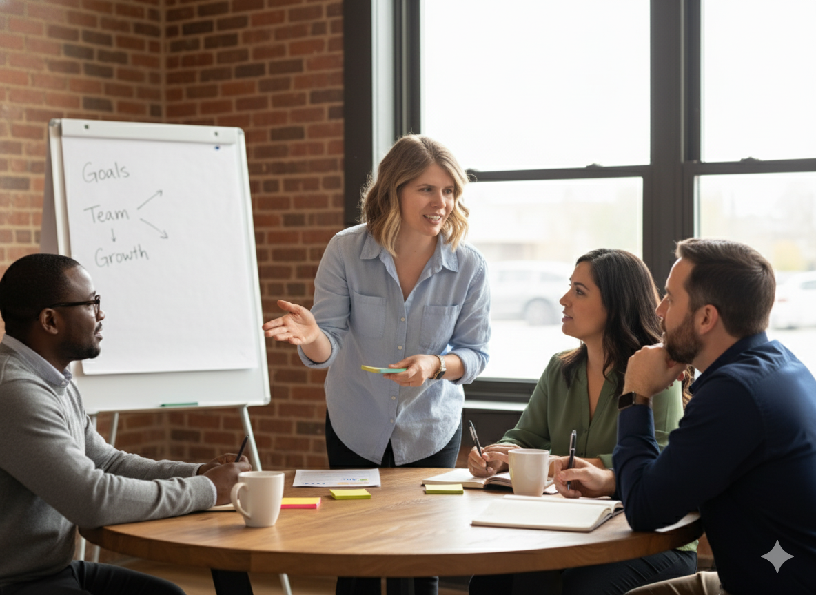 A fractional COO facilitates a leadership team through their weekly Level 10 meeting in a bright office with large windows and a whiteboard behind her.