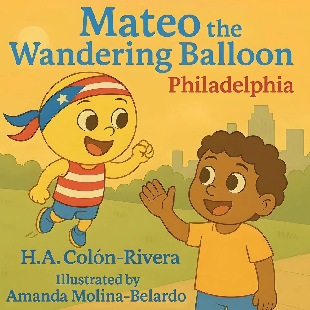 Cover of a children's book titled "Mateo the Wandering Balloon" showing a yellow character with a red, white, and blue patriotic bandana, running, and a boy with curly hair waving, with a city skyline and trees in the background.