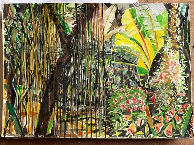 Painting of palm rain tree in Papua New Guinea by Bill Hochhausen with layered tropical foliage and expressive brushwork.jpeg