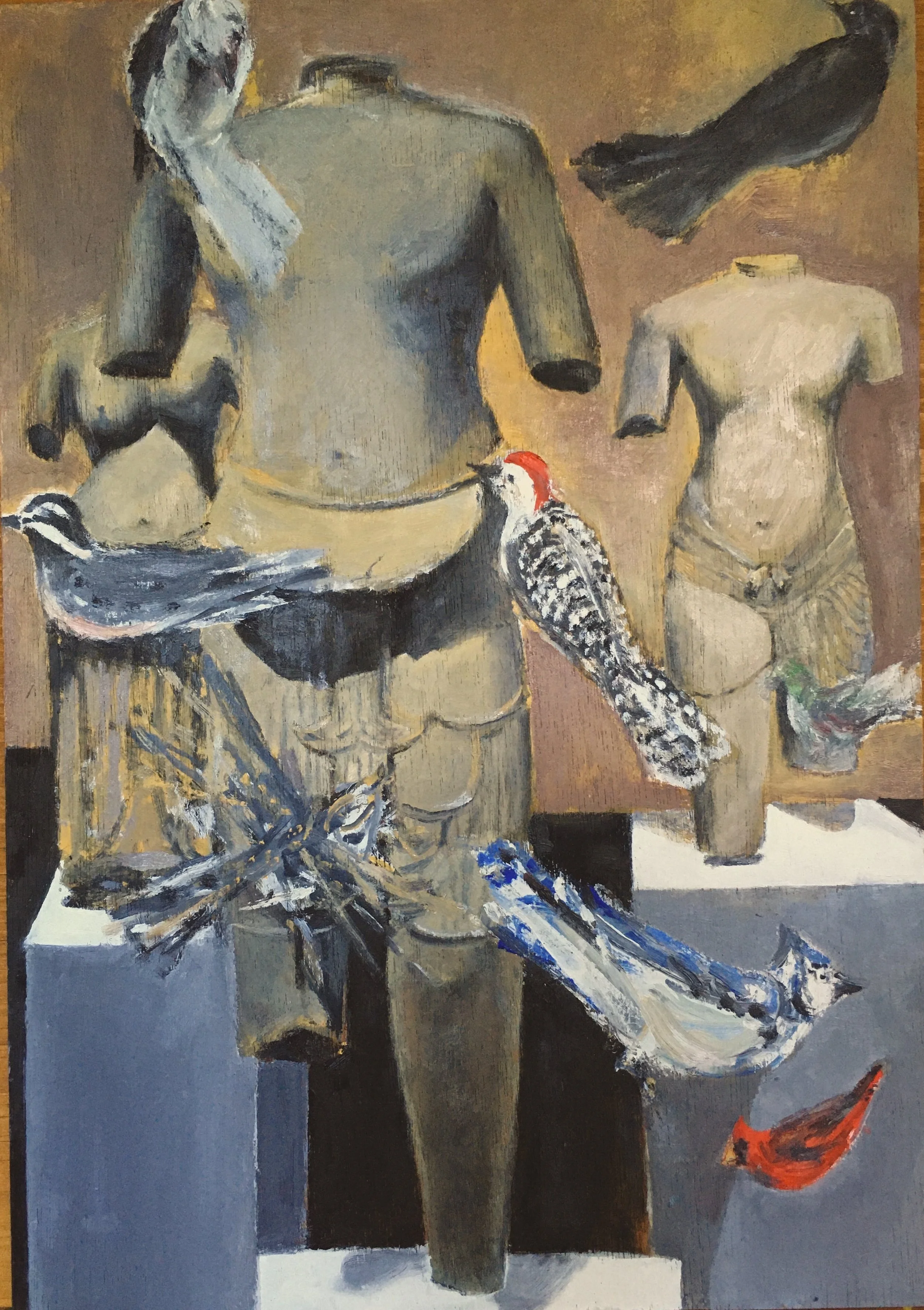 Bill Hochhausen contemporary oil painting birds with Cambodian sculpture.JPG