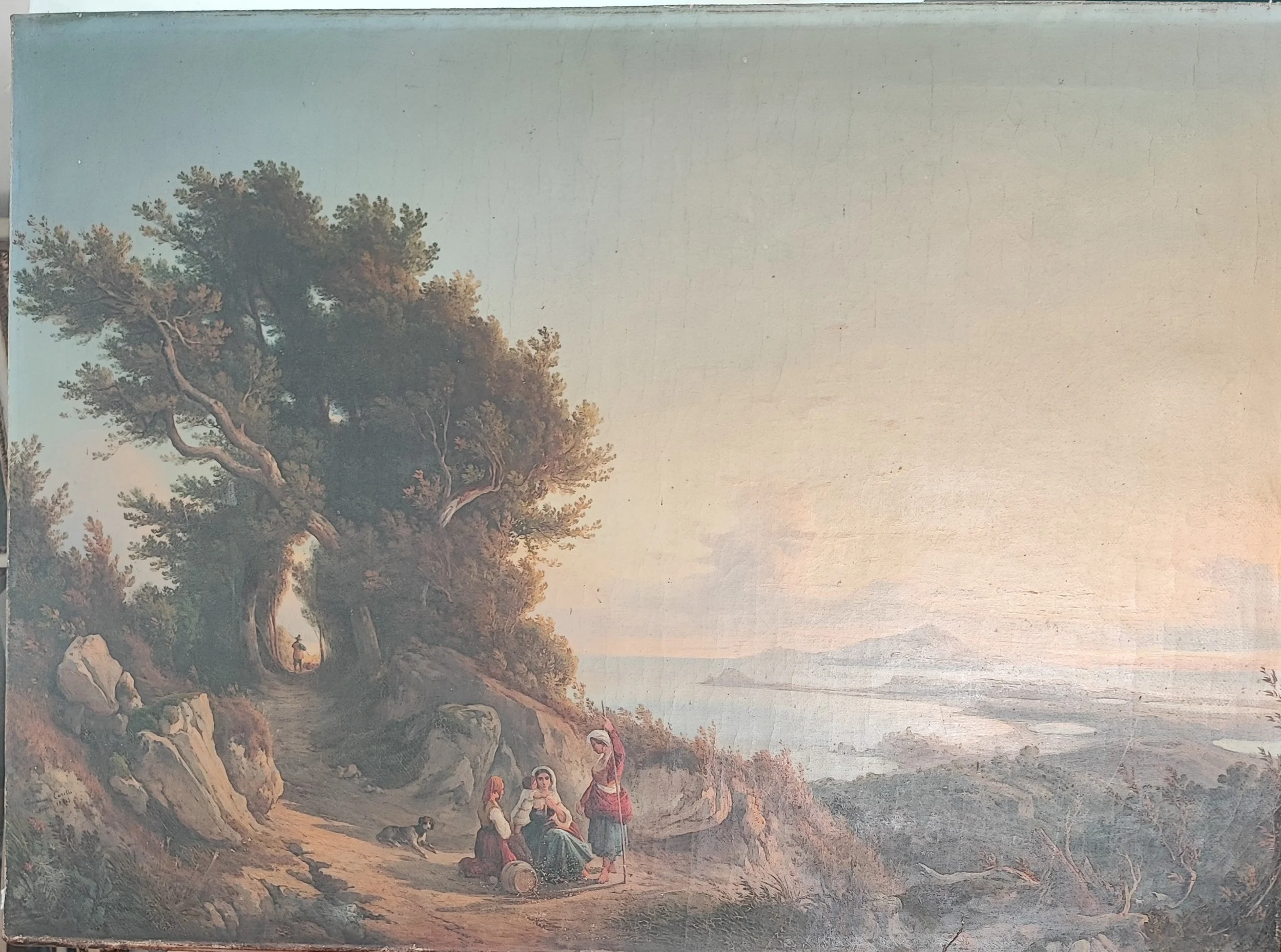 Peinture représentant un paysage avec arbre, côte et neuf personnes dont trois femmes assises et une debout avec un bâton, un chien et un enfant. Ciel dégagé avec une vue sur la mer ou un lac à l'horizon.