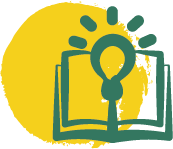 An open book with a lightbulb above it, set against a yellow circular background.