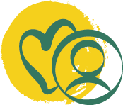 A stylized yellow and green heart with a small person-like shape on the right side.