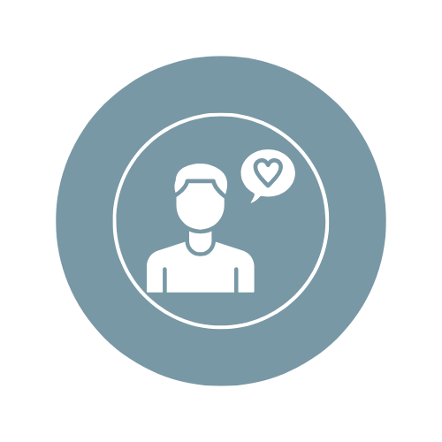 Icon of a person with a speech bubble containing a heart, indicating communication or expressing love.