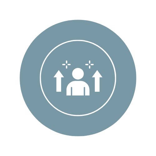 Icon of a person with upward arrows and sparkles, representing empowerment or upliftment.