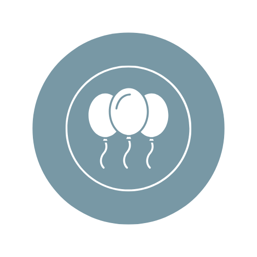 Three balloons on a plate or tray, depicted in white on a blue and black background.