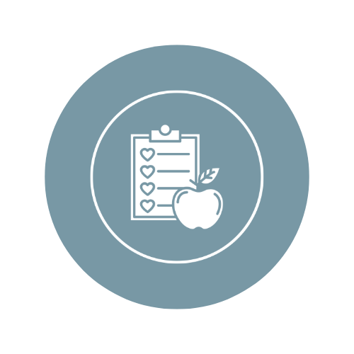 Icon of a clipboard with a checklist of hearts and an apple next to it