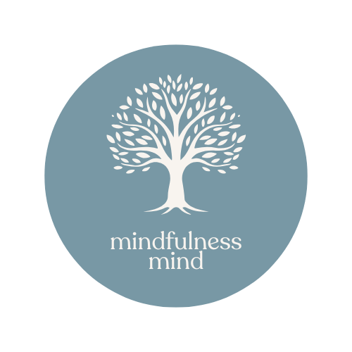 A circular logo with a white tree and the text "mindfulness mind" on a blue background.