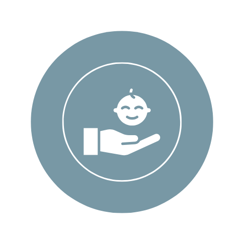 A hand holding a smiling baby with a small tuft of hair on top of her head, inside a circular icon with a blue background.