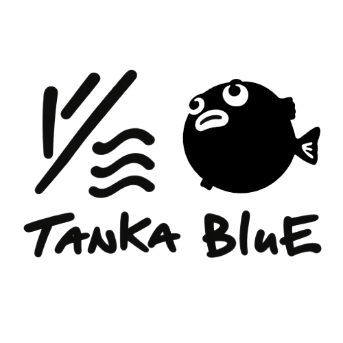 Stylized line drawings of chopsticks, wavy lines, a fish, and the text 'TANKA BLUE' on a background.