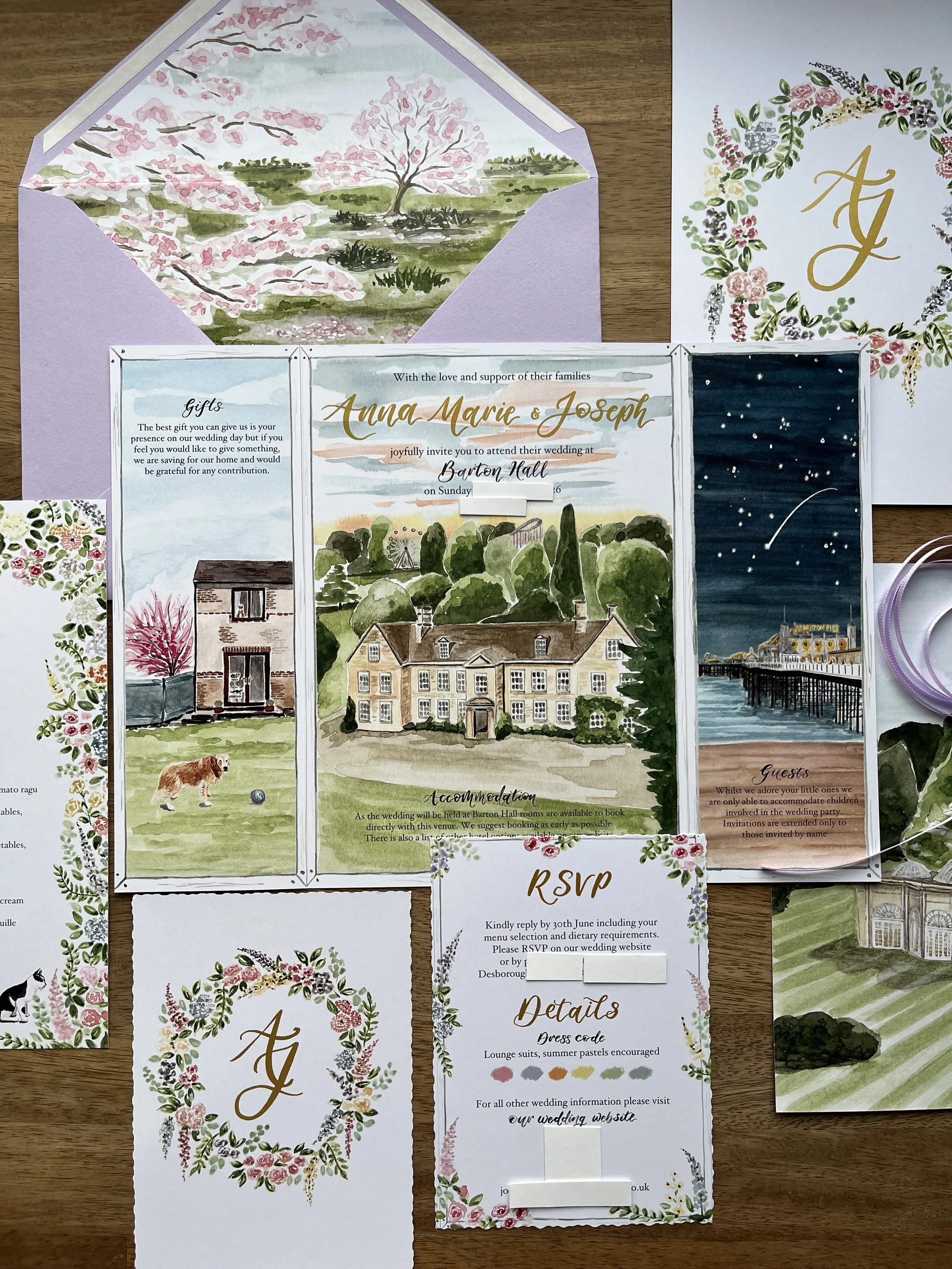 Hand painted wedding invitation suite, featuring pink blossom, flowers and calligraphy