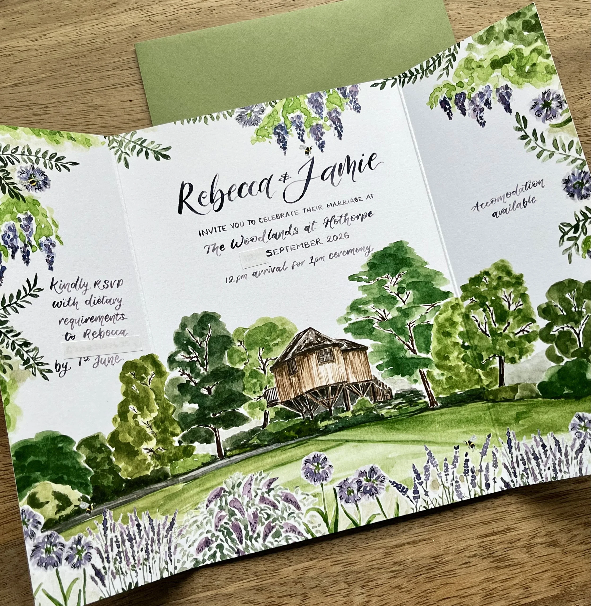 Hand painted wedding invitation, bespoke design unique for your wedding day