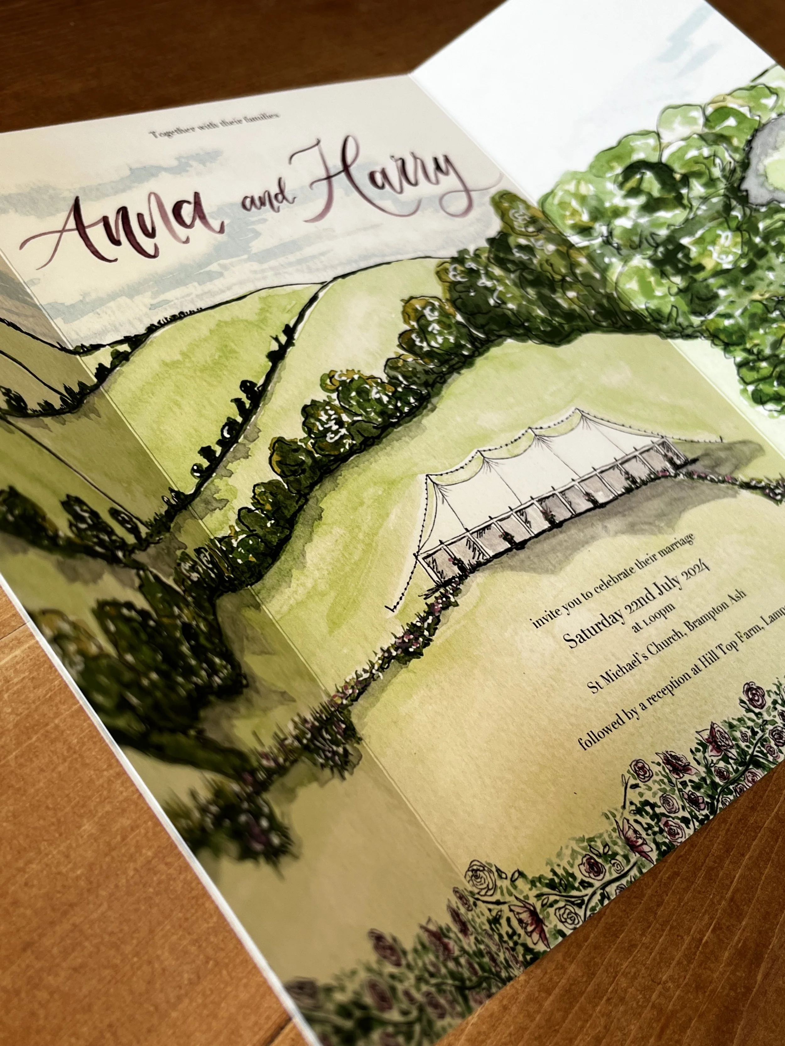 Wedding invitation card with watercolor illustration of a garden and marquee tent. The text invites Ana and Harry to a wedding on Saturday, July 22nd, 2024, at 1:00 pm at St Michael's Church, Brampton Ash, followed by a reception at Hill Top Farm, Lamorna.