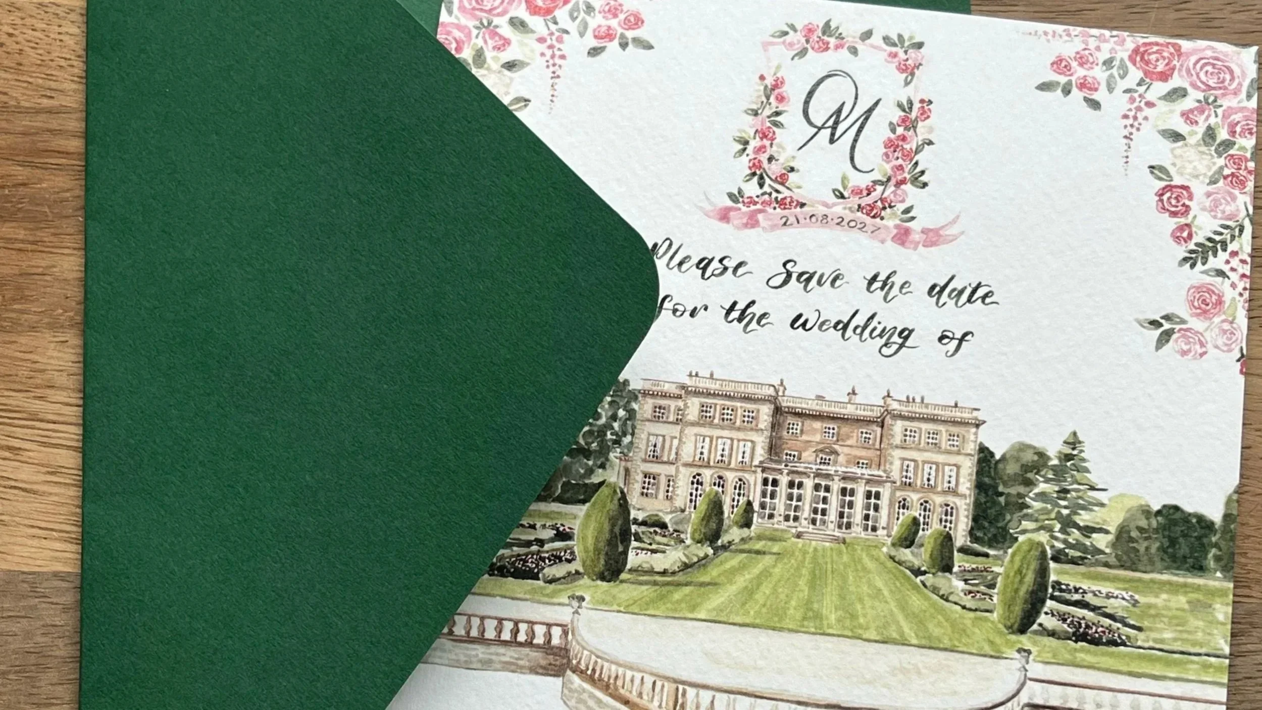 Save the date hand painted featuring Prestwold Hall, Loughborough