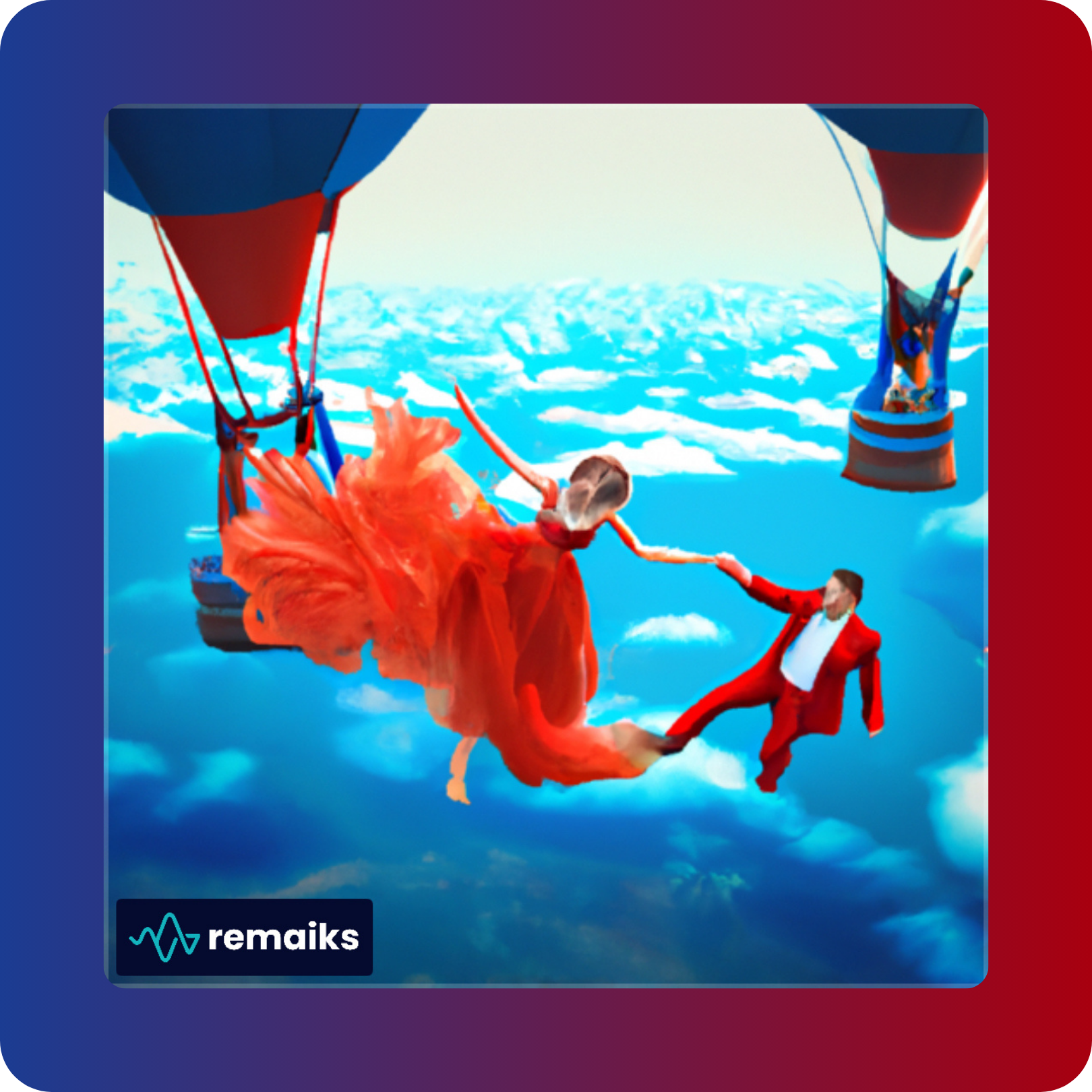 A woman in an orange dress is holding hands with a man in a red suit while floating in the sky with clouds and hot air balloons in the background.