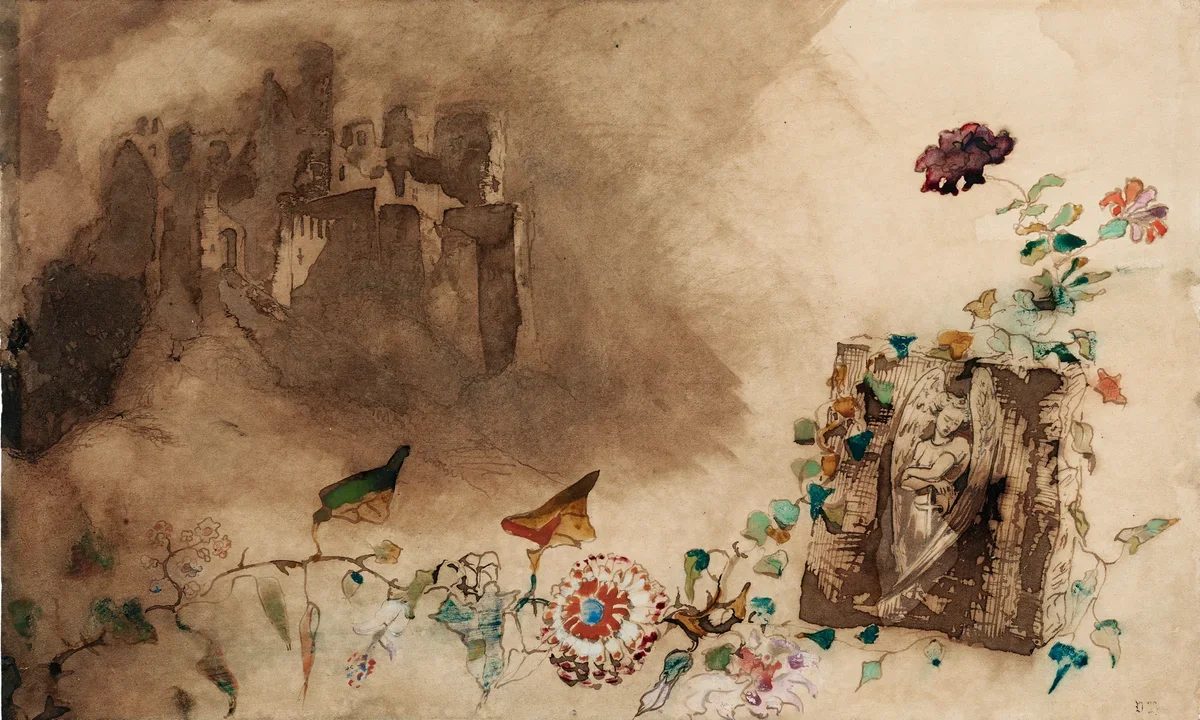 A watercolor painting featuring an ancient ruin on the right with a carved stone relief of a figure, surrounded by colorful swirling flowers and leaves. A faintly rendered ancient cityscape with tall, crumbling buildings and towers is in the background on the left.
