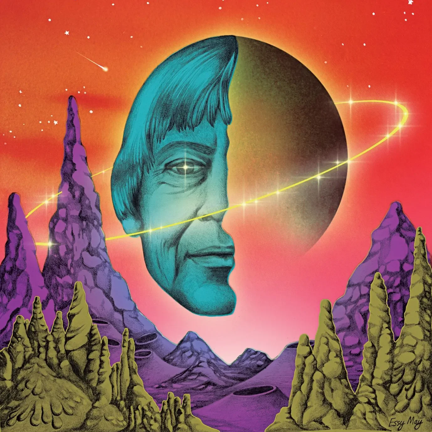 A surreal digital illustration features a human face with one eye, blending into a celestial scene with stars, planets, and a colorful sky, surrounded by purple and yellow mountains.
