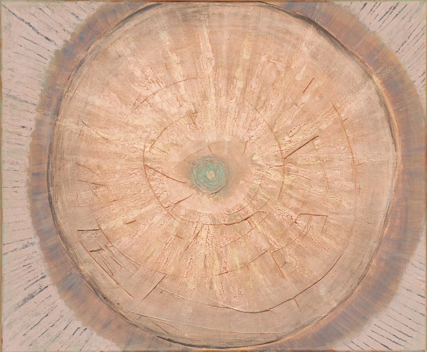 Titel: Ursprung. Im Zentrum ein Sonnengeflecht, umgeben von dichten Strahlen voller Energie. Je nach Lichteinfall leuchtet dieses Bild vielseitig und unterschiedlich, was durch die verschiedenen Metallicfarben hervorgerufen wird.